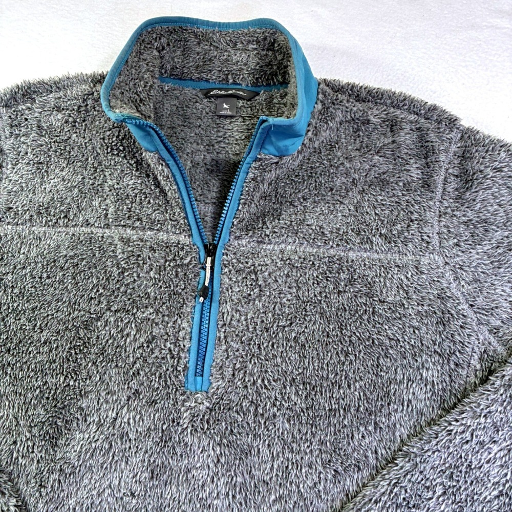 Eddie Bauer Mens Large Gray Blue High Pile Fleece Quarter Zip Pullover Sweater
